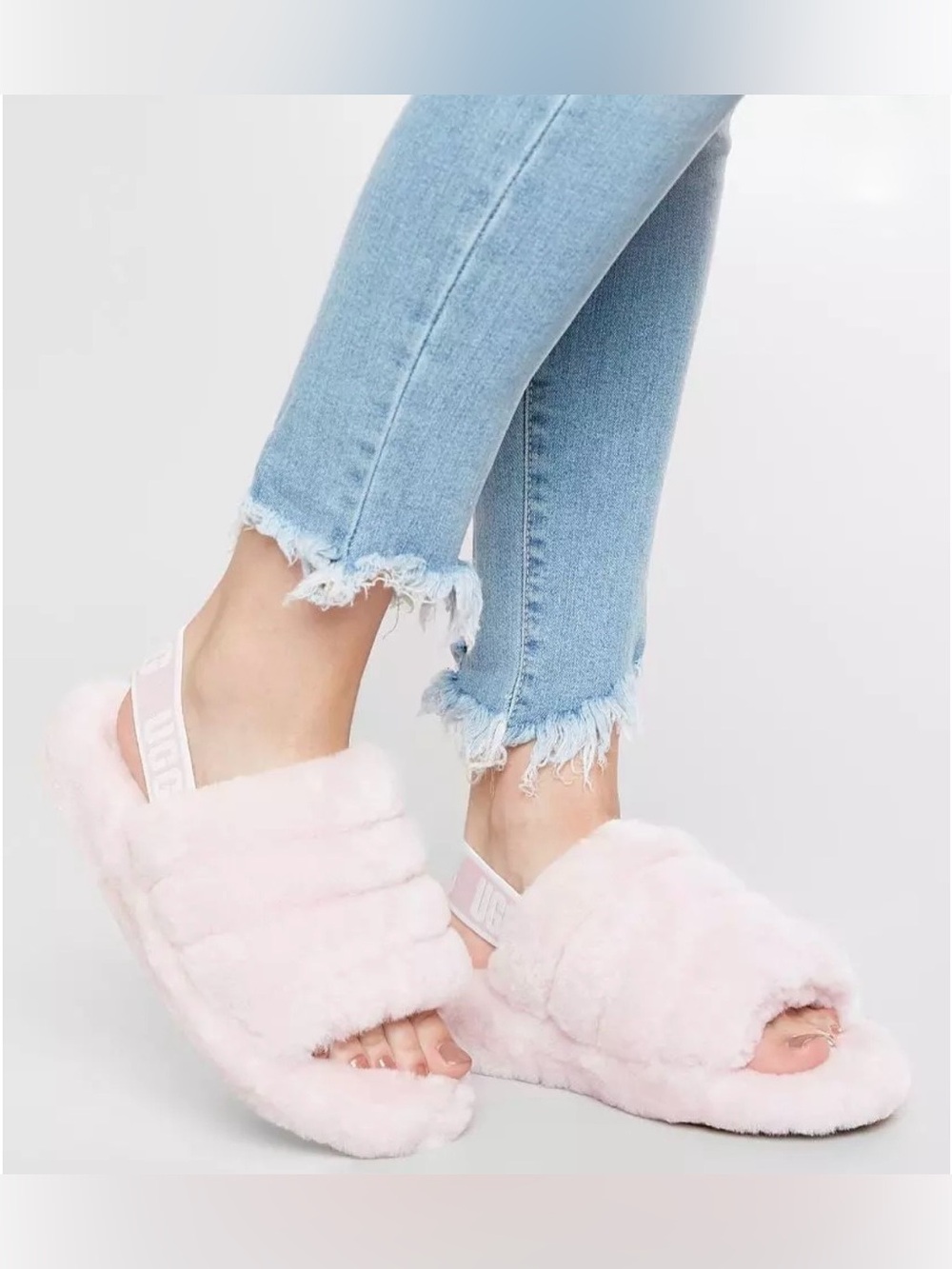UGG Fluff Yeah Slide Seashell Pink Shearling Platform Slipper NIB Size 9